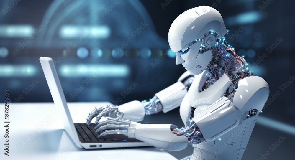 A sleek, humanoid robot sits at a desk, focused on working on a laptop computer. A sleek, humanoid robot sits at a desk, focused on working on a laptop computer.