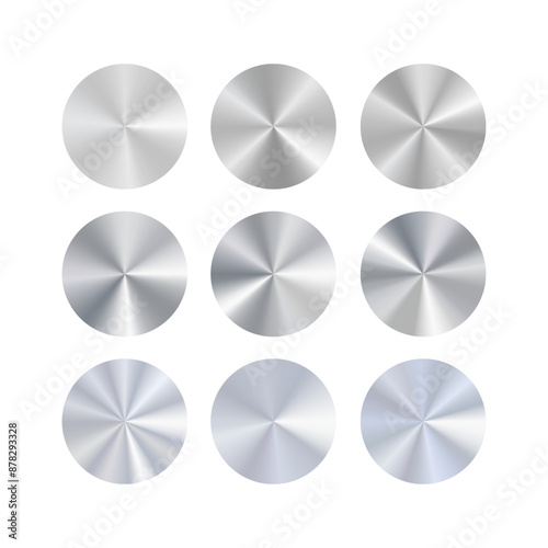 Metal conical gradient discs set. Round surfaces of steel, silver and aluminum.