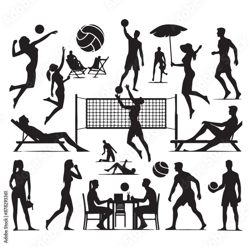 Men women playing summer beach volleyball set icon  silhouette vector