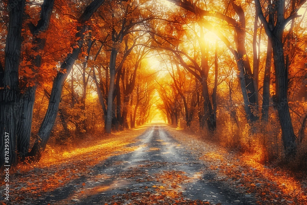 Fototapeta premium Autumn forest with country road at sunset. Colorful landscape with trees, rural road, orange and red leaves, sun in fall. Travel. Autumn background. Amazing forest with vibrant foliage in the evening