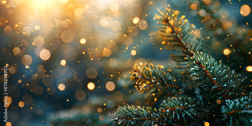 Close-up of a Christmas tree branch adorned with festive lights and golden bokeh, creating a magical atmosphere, holiday card, garland, lights Close-up of a Christmas tree branch adorned with festive lights and golden bokeh, creating a magical atmosphere, holiday card, garland, lights