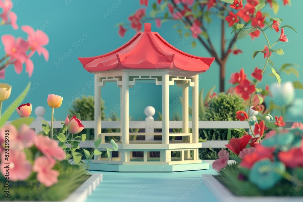 a pavilion in the colorful flowers garden