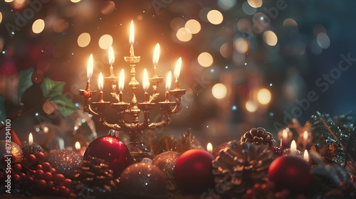 A beautifully lit menorah candles burning brightly surrounded holiday decorations. photo
