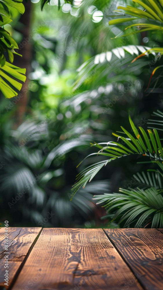 Wooden deck table and smooth textures, illuminated by sunlight amidst lush green tropical jungle foliage, abstract blurred background for product display montage or design key visual mockup