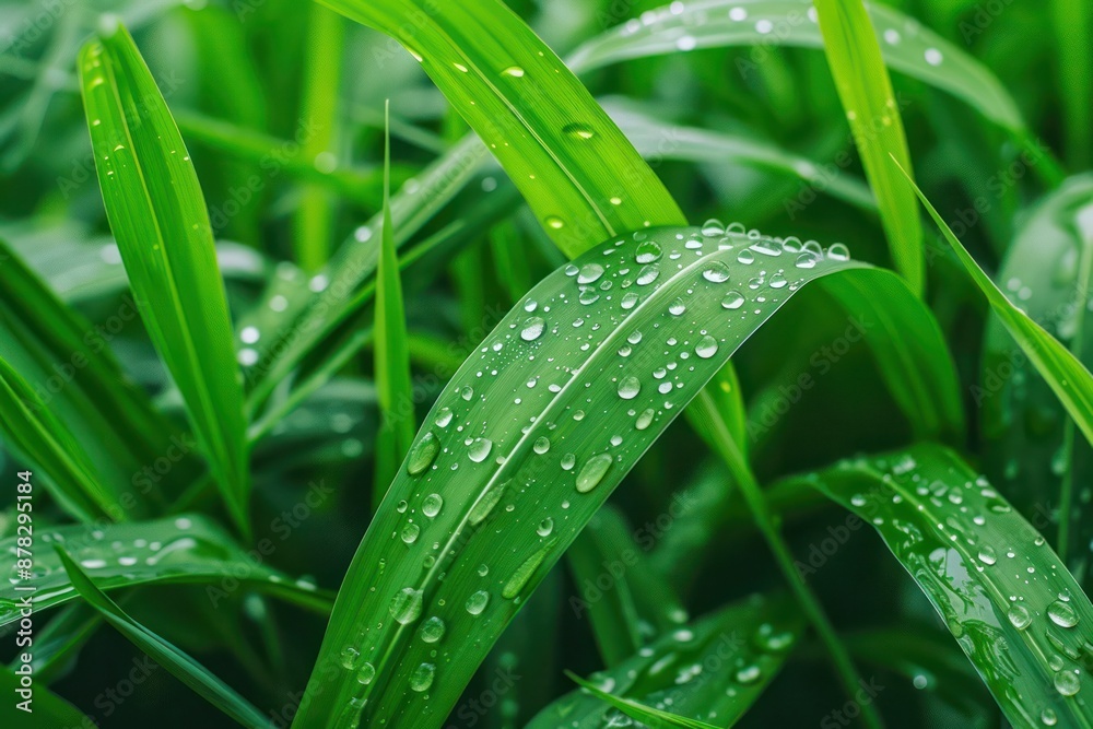 Close-up of Dewdrops on Lush Green Grass Blades, Nature's Organic Beauty in Focus with a Grainy Texture, Capturing the Essence of a Natural Environment Close-up of Dewdrops on Lush Green Grass Blades, Nature's Organic Beauty in Focus with a Grainy Texture, Capturing the Essence of a Natural Environment