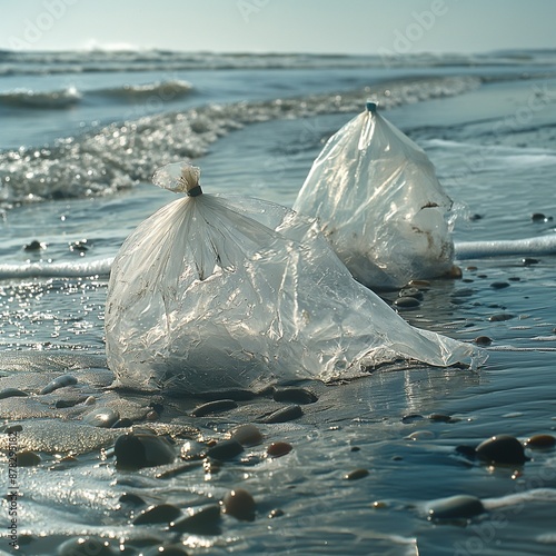 Plastic bags littering the beach, representing pollution and environmental impact on coastal areas.