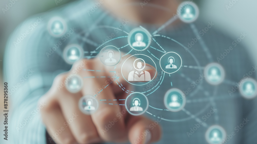 Hand interacting with a digital network interface, selecting a user icon. Concept of technology, networking, and communication. Hand interacting with a digital network interface, selecting a user icon. Concept of technology, networking, and communication.