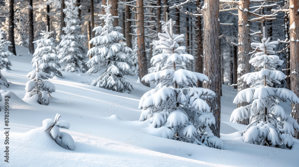 Fototapeta premium Serene winter forest scene with snow-covered trees, capturing the peacefulness and beauty of a snowy woodland landscape.