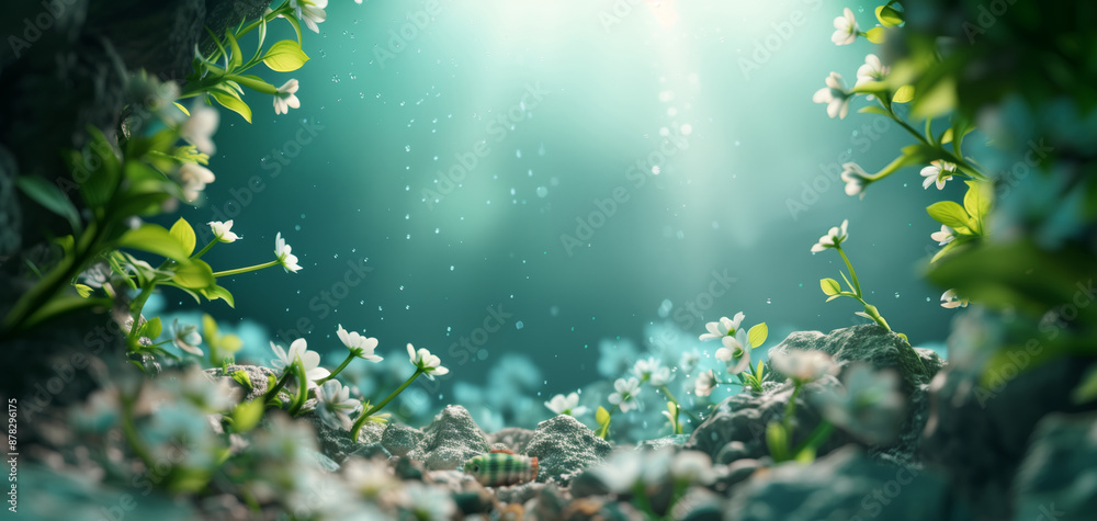 Serene underwater scene featuring vibrant green plants and delicate white flowers, bathed in soft, ethereal light from above. Serene underwater scene featuring vibrant green plants and delicate white flowers, bathed in soft, ethereal light from above.