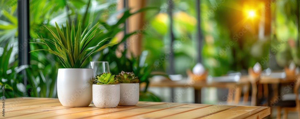 Elegant potted plants on a wooden table with a blurred background of a stylish cafe The greenery adds a touch of nature and sophistication to the setting, creating a relaxing and inviting atmosphere Elegant potted plants on a wooden table with a blurred background of a stylish cafe The greenery adds a touch of nature and sophistication to the setting, creating a relaxing and inviting atmosphere