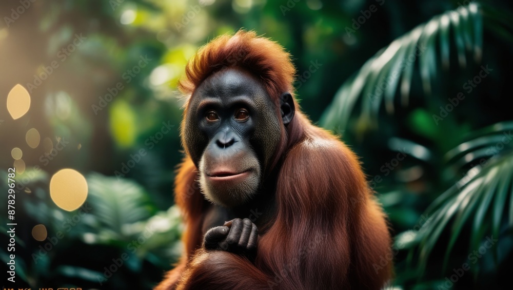Obraz premium A majestic orangutan, set against a lush, emerald green jungle backdrop, captured in a cinematic keyframe, exuding a sense of intimacy and drama, thanks to a shallow depth of field and subtle vignette