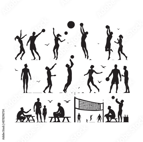 Men women playing summer beach volleyball set icon  silhouette vector
