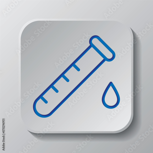 Test tube and drop simple icon vector. Flat design. Paper cut design. Cutted blue symbol with shadow. Gray badge button, gray background