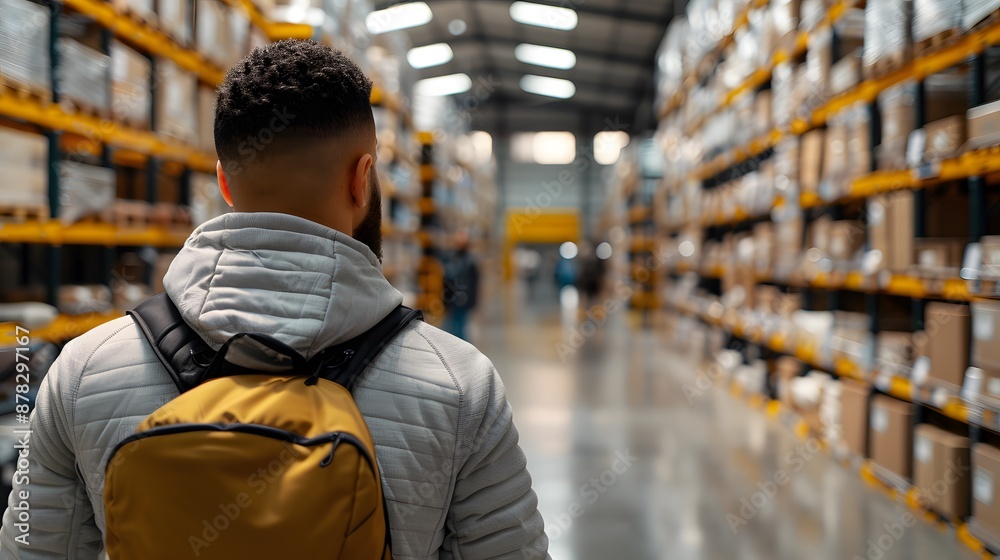 Man Walking Through Warehouse. Man Walking Through Warehouse.