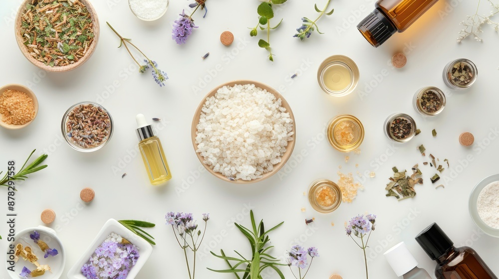 Aromatherapy Spa Set with White Background Top View Aromatherapy Spa Set with White Background Top View