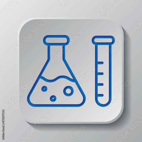 Test tube and flask simple icon vector. Flat design. Paper cut design. Cutted blue symbol with shadow. Gray badge button, gray background