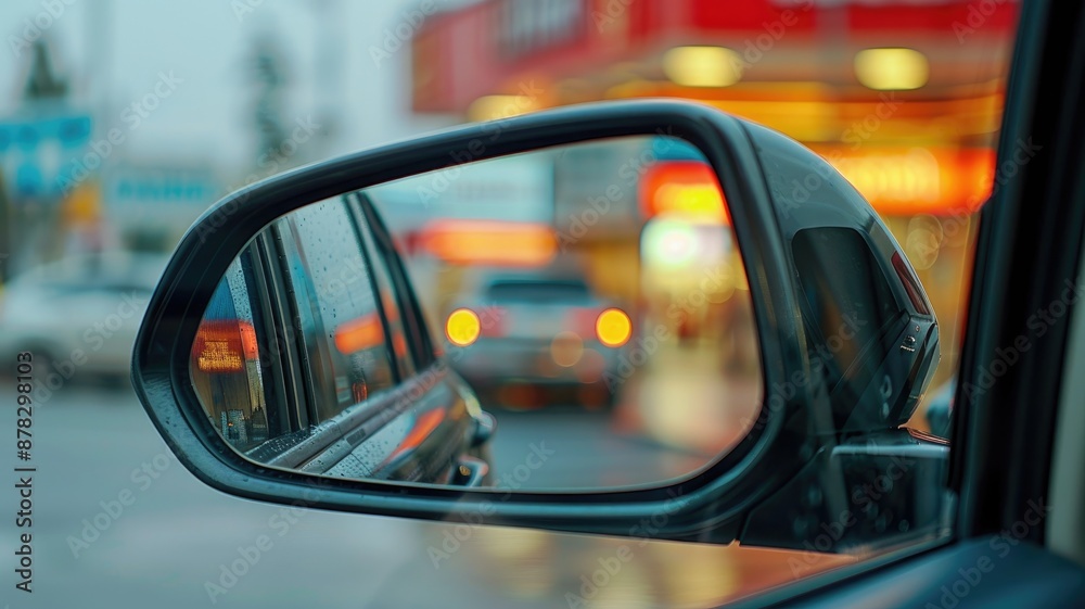 Car side mirror reflecting street scene and lights Car side mirror reflecting street scene and lights