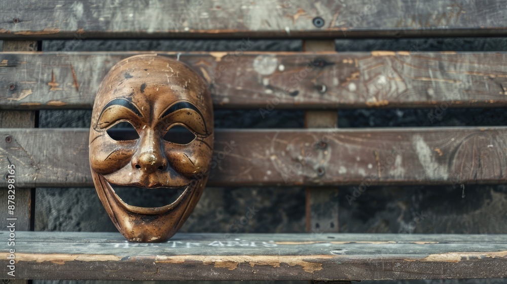 Wooden mask with smiling expression lies on worn bench