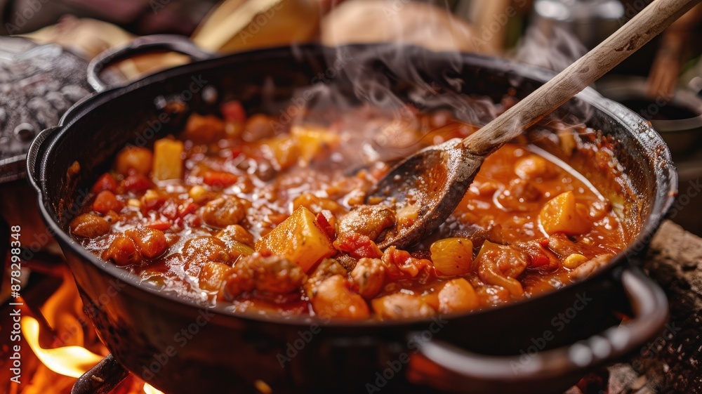 Steaming pot of hearty stew with vegetables and meat being cooked over open fire Steaming pot of hearty stew with vegetables and meat being cooked over open fire