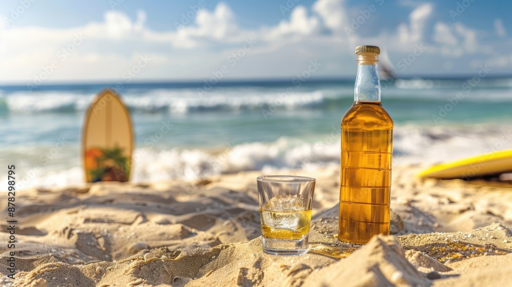 Clear liquid bottle with glass on sandy beach by ocean sunny day Clear liquid bottle with glass on sandy beach by ocean sunny day