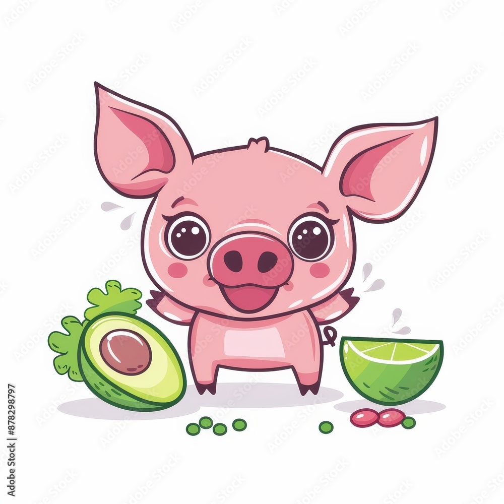 Fototapeta premium Cute cartoon pig with avocado and lime, perfect for kids' illustrations, food designs, or farm-themed projects.