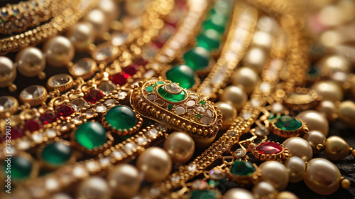 Beautiful gold necklaces studded with emeralds, gems, pearls and precious stones