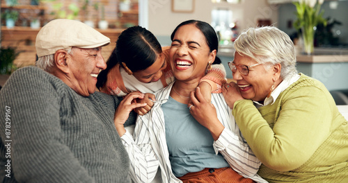 Happy family, hug and laugh on sofa for reunion, trust or support at home on weekend. Grandparents, love or woman with kid for bonding, excited or funny story telling from past memories or connection