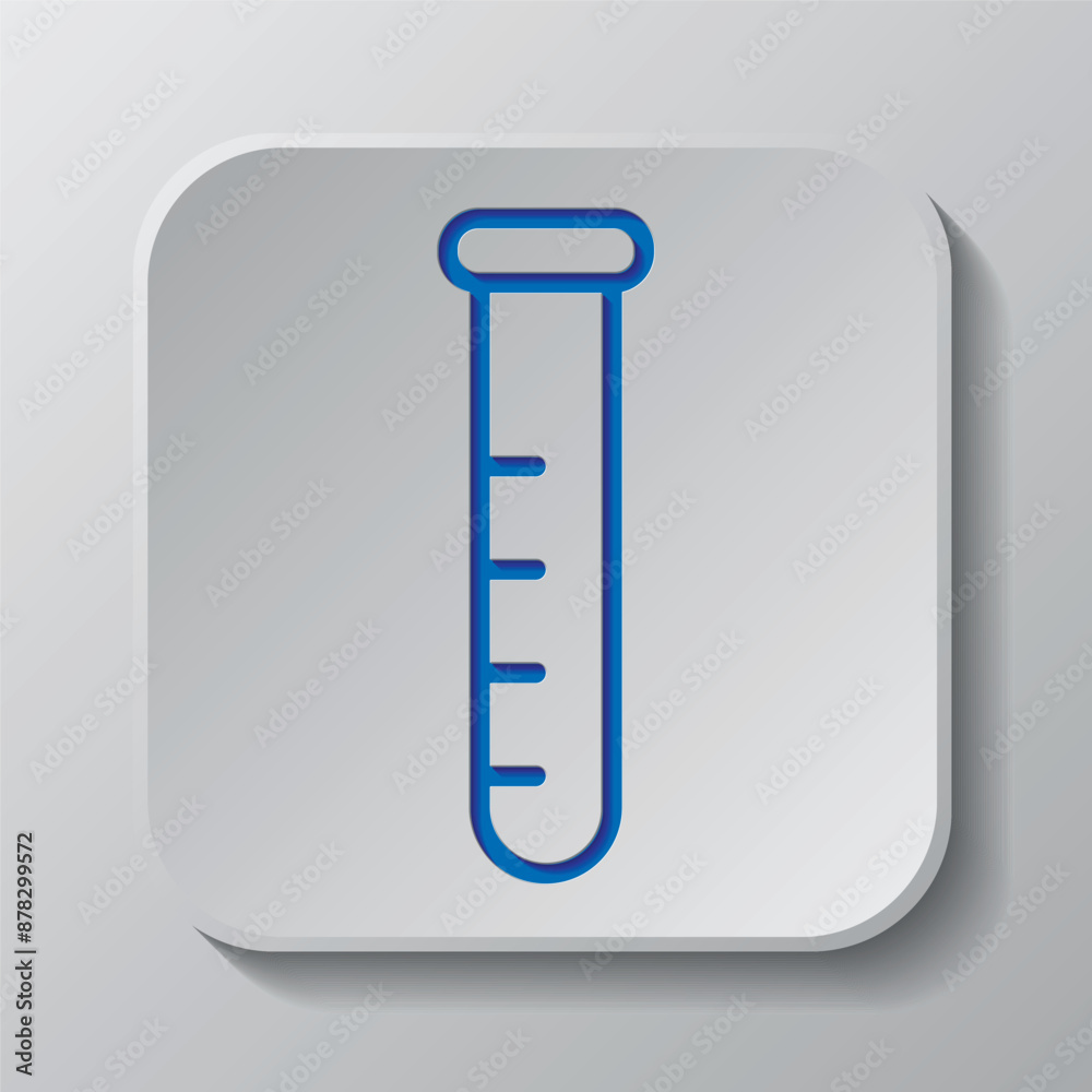 Test tube simple icon vector. Flat design. Paper cut design. Cutted blue symbol with shadow. Gray badge button, gray background Test tube simple icon vector. Flat design. Paper cut design. Cutted blue symbol with shadow. Gray badge button, gray background