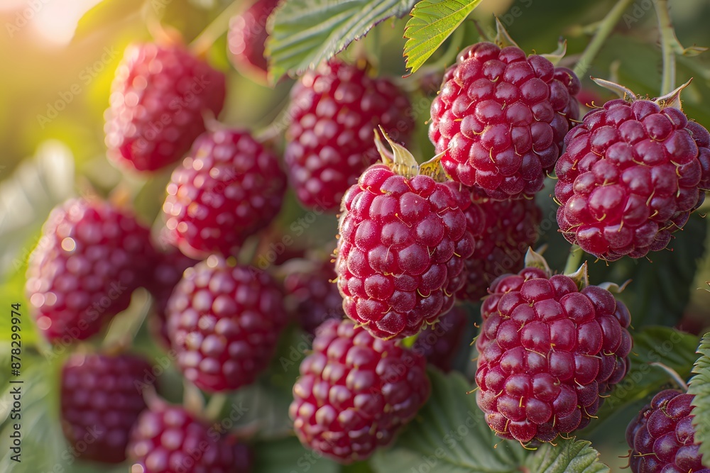 Ripe Red Raspberries on Bush with Sunlight Nature's Bounty for Groceries, Farmers Markets, and Nutrition Ripe Red Raspberries on Bush with Sunlight Nature's Bounty for Groceries, Farmers Markets, and Nutrition