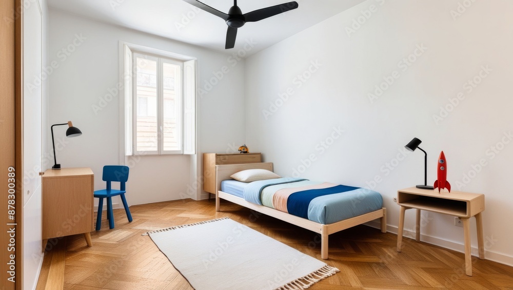 A child's bedroom with a minimalist design and white walls. The room features warm natural lighting and wooden parquet flooring. A child's bedroom with a minimalist design and white walls. The room features warm natural lighting and wooden parquet flooring.