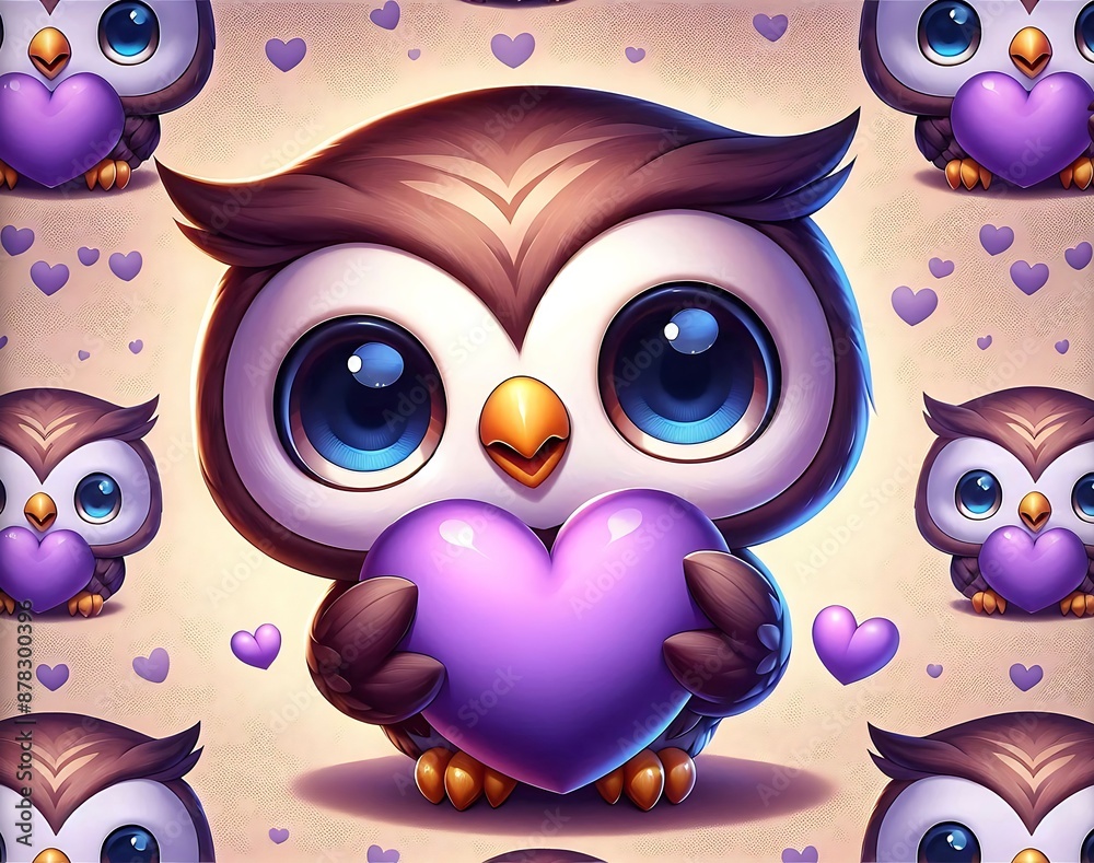 Cute Owl Holding a Heart, A charming cartoon illustration of a cute owl ...