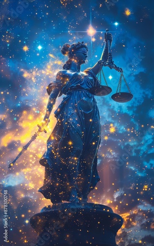 A celestial Lady Justice stands against a starry sky, holding scales and a sword, symbolizing law and order under the cosmic gaze.