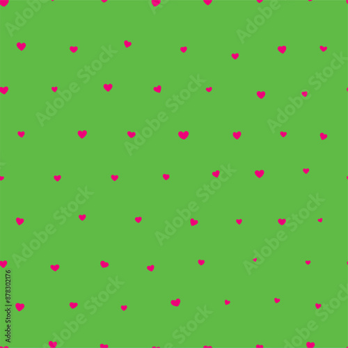 Vector green seamless texture of irregularly spaced red hearts