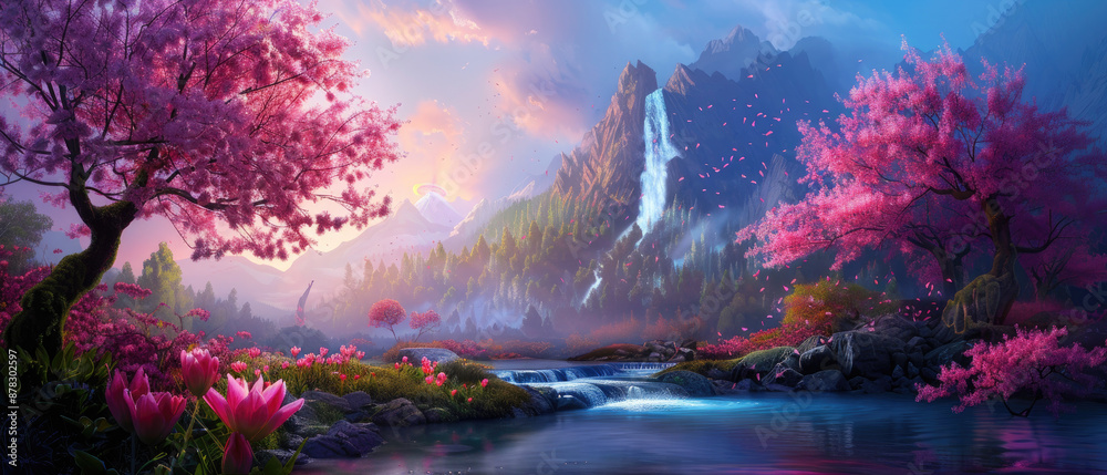 Fototapeta premium Fantasy landscape with surreal beer waterfall in dreamy colors, digital painting.