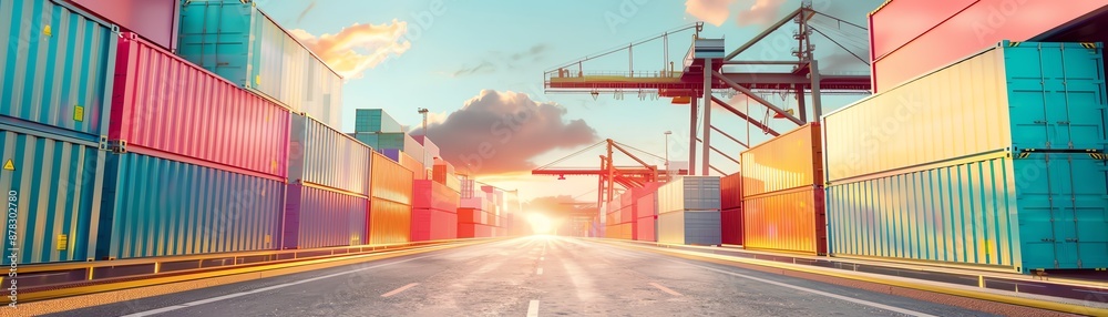 Sunset view of vibrant shipping containers at a port with large cranes, illustrating global trade and logistics. Sunset view of vibrant shipping containers at a port with large cranes, illustrating global trade and logistics.