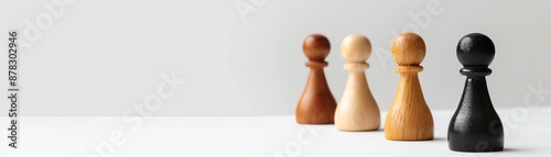 Four colorful wooden chess pawns on a white background, symbolizing diversity and strategy in a minimalist setting.