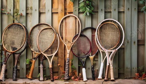 A collection of vintage tennis rackets leaning against a wooden fence.