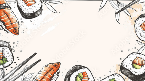 Hand drawn sushi illustrations, nigiri, sashimi, maki rolls, light grey background with bamboo and chopsticks in the corners of the frame, clean illustration style, vector graphics,