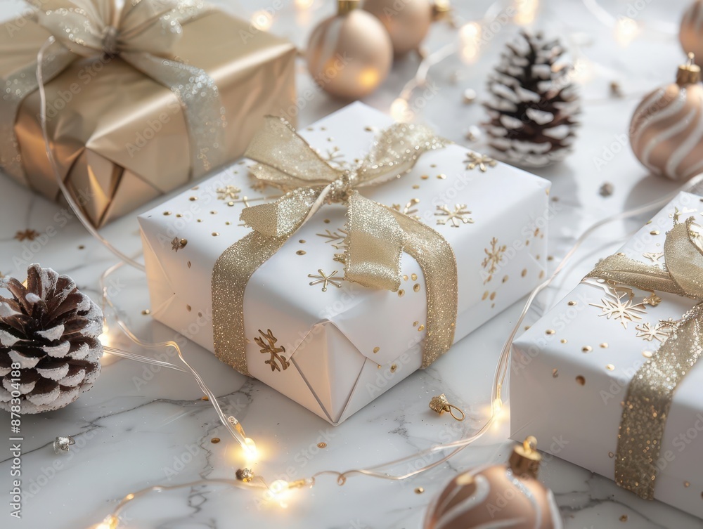elegant christmas flat lay with gold and white wrapped gifts pinecones dusted with fake snow shimmering ornaments and delicate fairy lights on marble surface elegant christmas flat lay with gold and white wrapped gifts pinecones dusted with fake snow shimmering ornaments and delicate fairy lights on marble surface