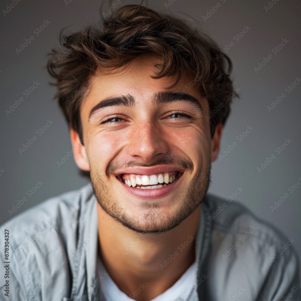 Fototapeta premium Smiling Young Man Representing Abstract Confidence Concept. Sunny Personal Life Portrait as Popular Background or Wallpaper. High-Resolution, AI-Generated