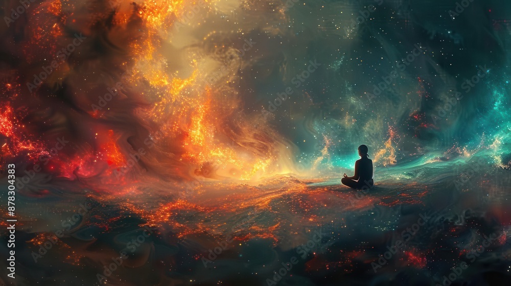 A digital artwork depicting a figure meditating amidst a vibrant nebula A digital artwork depicting a figure meditating amidst a vibrant nebula
