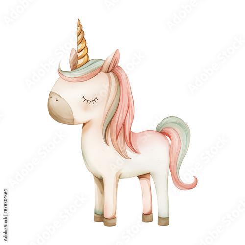 Cute unicorn with stars isolated on a white transparent background. Watercolor illustration. Fairytale magic clip art.