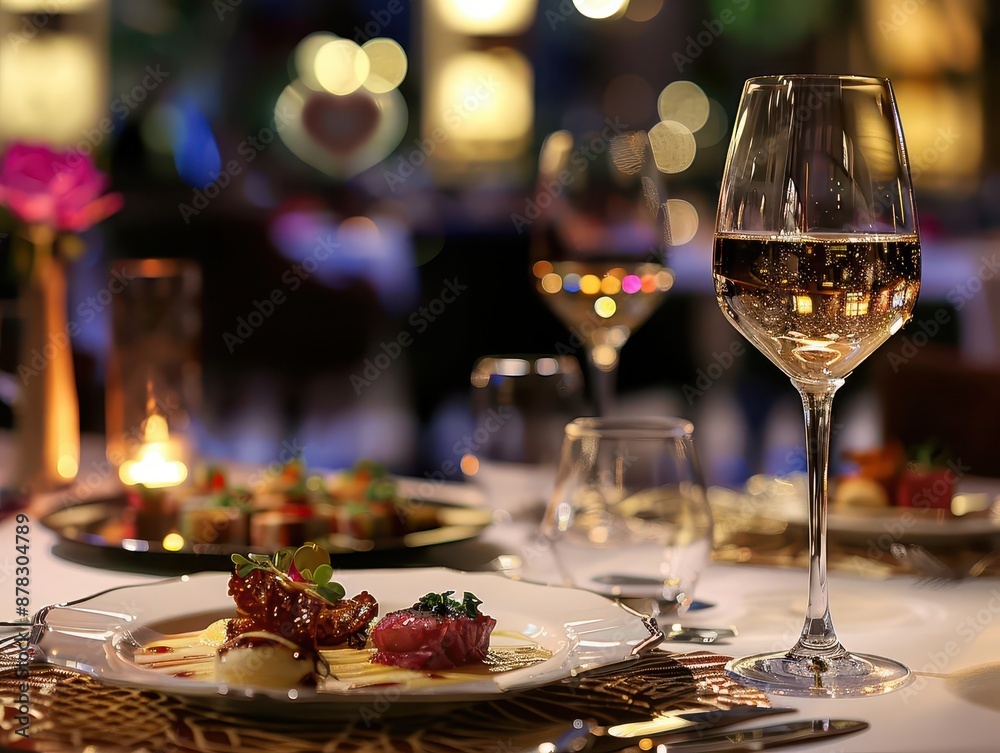 elegant restaurant table setting with crystal wine glasses gourmet appetizers and soft ambient lighting romantic atmosphere with rich warm colors and luxurious textures elegant restaurant table setting with crystal wine glasses gourmet appetizers and soft ambient lighting romantic atmosphere with rich warm colors and luxurious textures