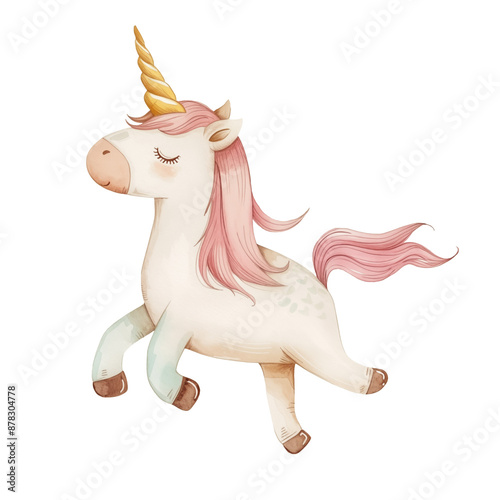 Cute unicorn with stars isolated on a white transparent background. Watercolor illustration. Fairytale magic clip art.