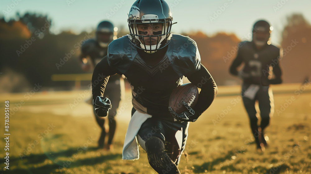 A football player runs with the ball, chased by opponents across the field. A football player runs with the ball, chased by opponents across the field.