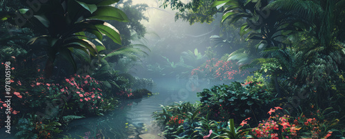 Lush tropical rainforest river scene with mist and flowers