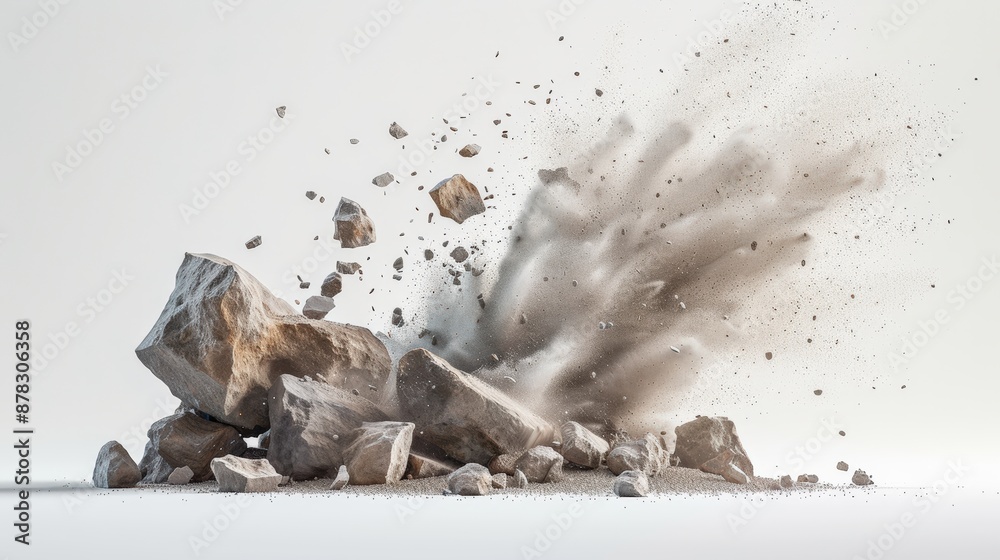 Obraz premium Crumbling Rock, Exploding, Dust, Debris, Shattered, Fragments, Breaking Apart.