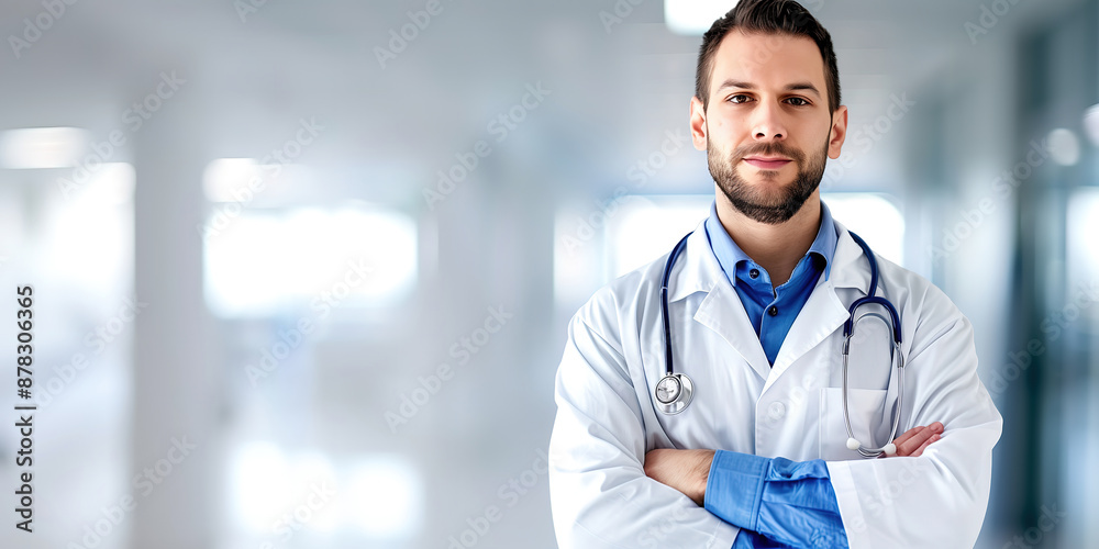 Professional Doctor in White Coat with Stethoscope in Hospital with copy space background Professional Doctor in White Coat with Stethoscope in Hospital with copy space background