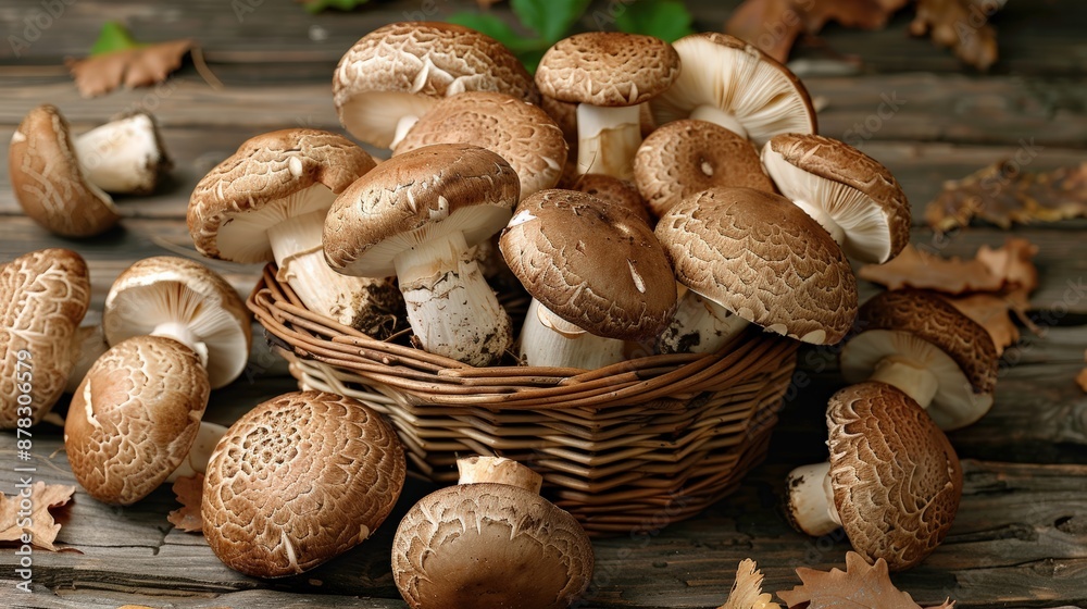 Fresh Brown Mushrooms in a Wicker Basket on Rustic Wooden Background with Autumn Leaves Fresh Brown Mushrooms in a Wicker Basket on Rustic Wooden Background with Autumn Leaves