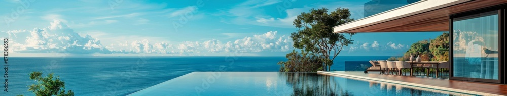 Fototapeta premium abstract background,Exquisite Living Room Design Blending Modern Furniture with Stunning Seaside View. Beachfront Vacation Villa with Infinity Pool Overlooking the Ocean, Creating an Abstract Luxury V